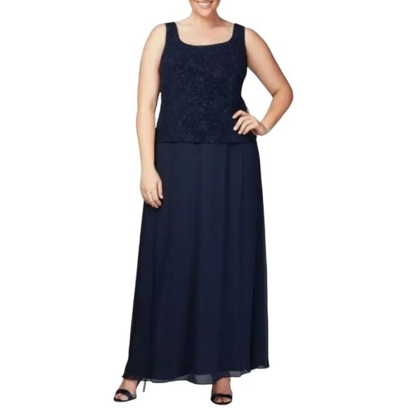 🔥🔥🔥 Alex Evenings 2 Piece Navy Blue Evening Gown Long Mandarin Jacket - Picture 3 of 9